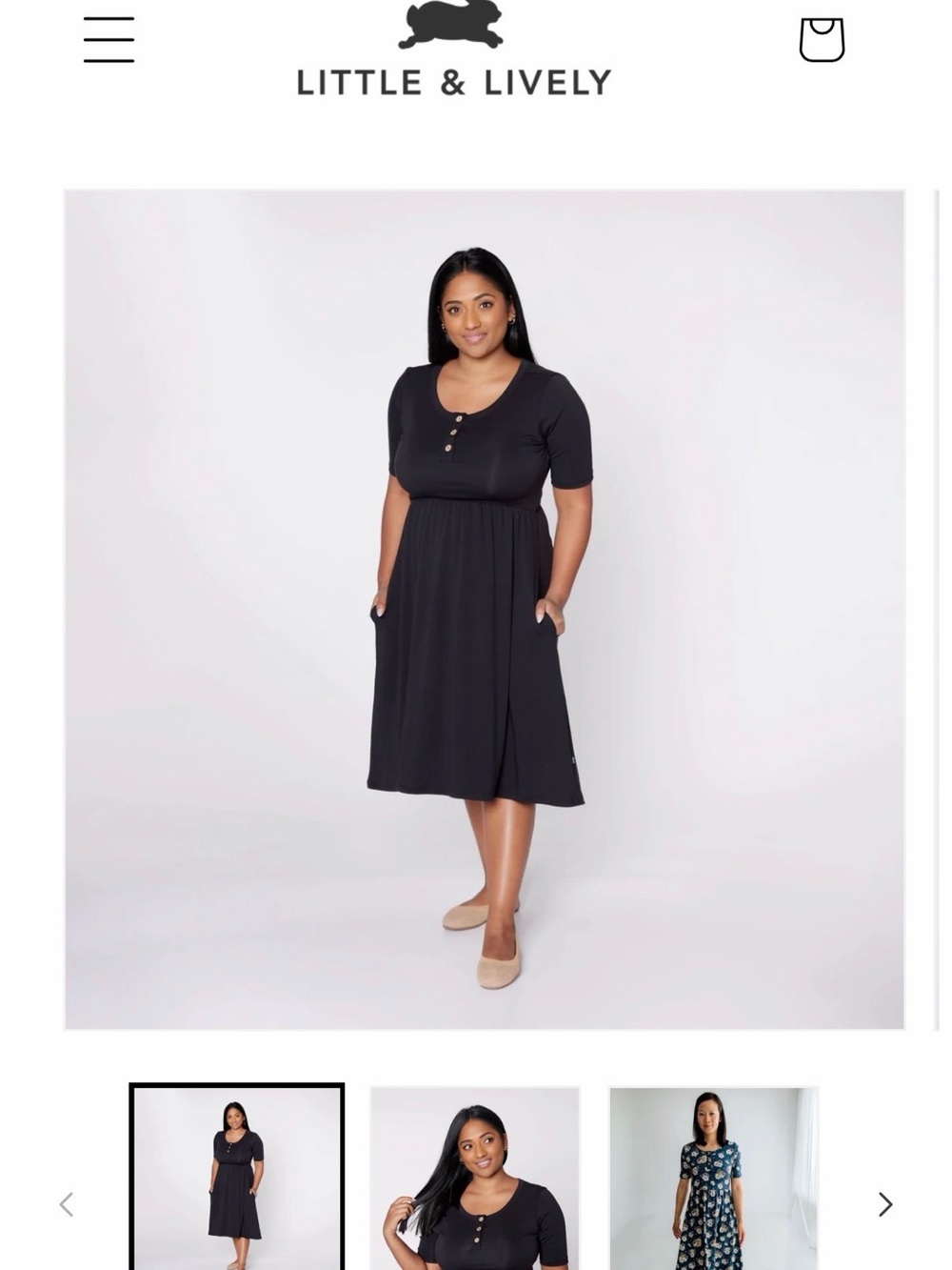 Black Short-Sleeve Midi Dress with Button Front